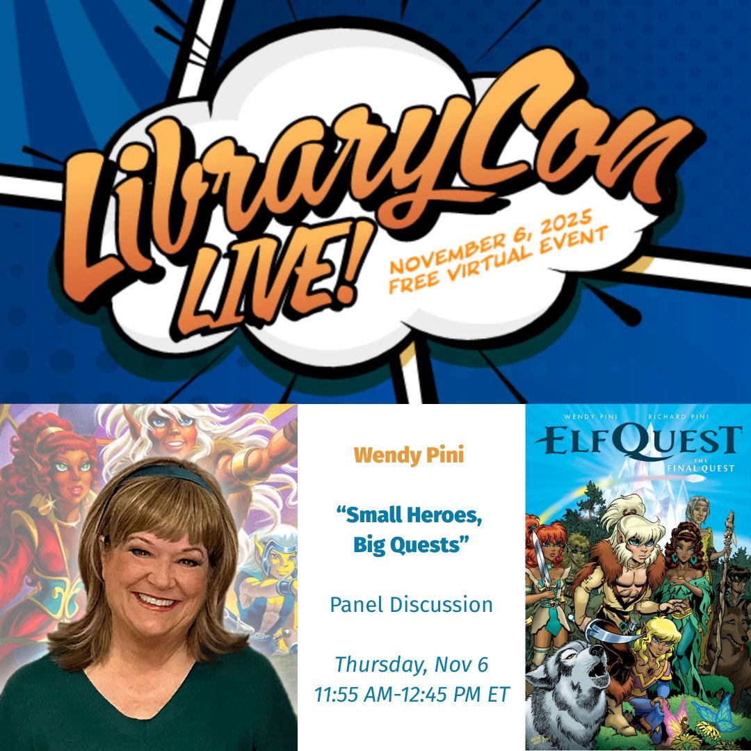 Don't miss ElfQuest co-creator Wendy Pini at LibraryCon, a free virtual event this Thurs, Nov. 6. 

Wendy joins a panel of distinguished creators to discuss fantasy storytelling.  "Small Heroes, Big Quests" happens 11:55 AM-12:45 PM ET. 

Register here: libraryjournal.com/event/libraryc…