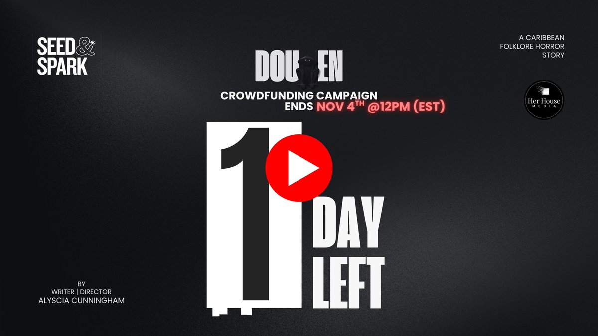_Alyscia's tweet photo. 1 DAY LEFT: JOIN THE JOURNEY OF DOUEN - https://t.co/wdWuTcF4JO
Donate here: https://t.co/4yhk2JYe00
#SeedandSpark #Crowdfunding #AlysciaCunningham #fundraising #filmmaker #filmmaking #supportindiefilm #blackwomeninhorror #caribbeanhorrorstory #folklore #TrinidadandTobago https://t.co/mOePUoaWHQ