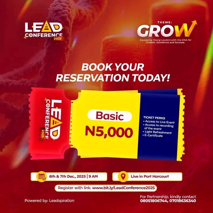 leadspiration's tweet image. Dear Leader,

If you had just one opportunity to grow before you step into 2026, would you trample on it?

Oh no, you won't!

That's why you will attend Lead Conference in December, 2025.

Buy your tickets now.
Link in comments section.

#Leadspiration #LeadConference #Grow #2025