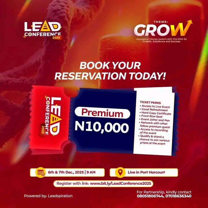 leadspiration's tweet image. Dear Leader,

If you had just one opportunity to grow before you step into 2026, would you trample on it?

Oh no, you won't!

That's why you will attend Lead Conference in December, 2025.

Buy your tickets now.
Link in comments section.

#Leadspiration #LeadConference #Grow #2025