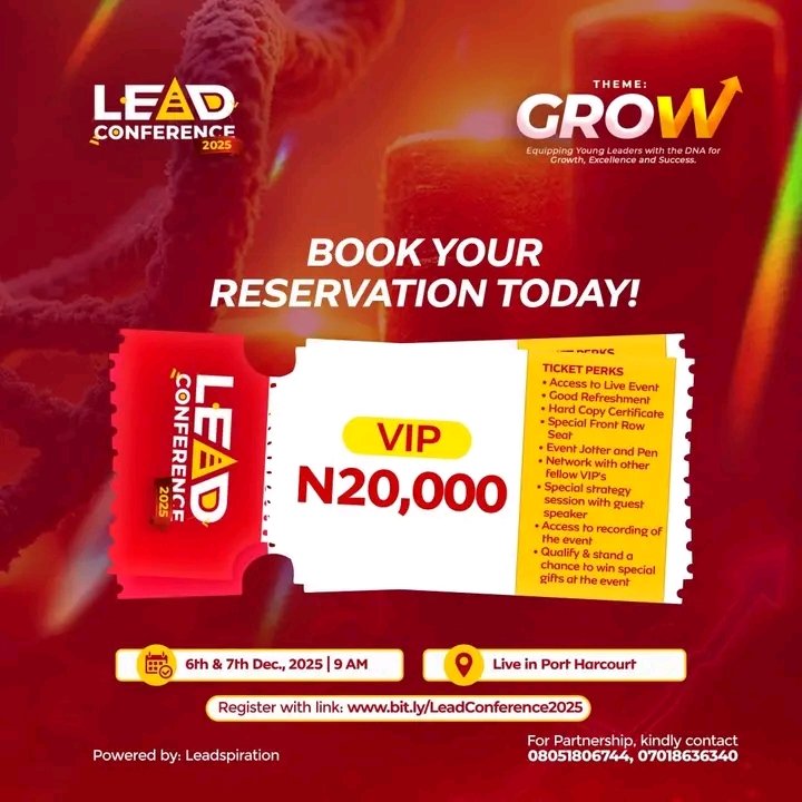 leadspiration's tweet image. Dear Leader,

If you had just one opportunity to grow before you step into 2026, would you trample on it?

Oh no, you won't!

That's why you will attend Lead Conference in December, 2025.

Buy your tickets now.
Link in comments section.

#Leadspiration #LeadConference #Grow #2025