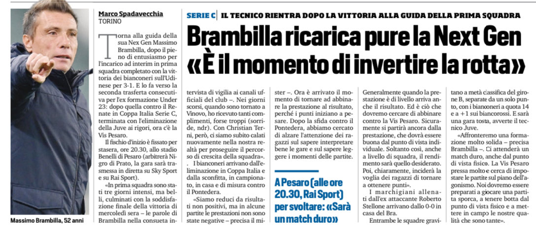 #VisPesaro vs #NextGen #Juve, stasera ore 20.30: Brambilla torna sulla panchina della seconda squadra bianconera #SerieC <a href="/tuttosport/">Tuttosport</a>