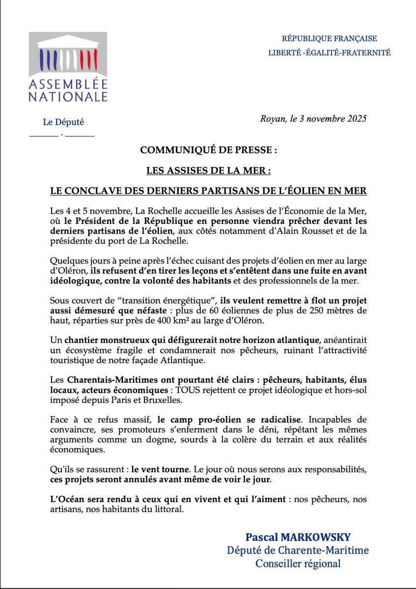 PascalMarkowsky's tweet image. 🌊 À La Rochelle, @EmmanuelMacron prêchera demain devant les derniers partisans de l’éolien en mer, aux côtés d’Alain Rousset.

Ce projet n’ira pas à son terme.
Quand nous arriverons au pouvoir, il sera annulé avant même d’avoir vu le jour. 🇫🇷

#LaRochelle #Oléron #ÉolienEnMer