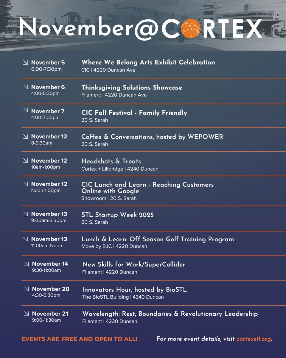 CortexSTL's tweet image. 🍁 November is here and Cortex is buzzing with opportunities to learn, connect and enjoy the autumn season! 

📌 Stay connected! For daily District updates and more event details, follow us on Instagram Stories and visit our Events calendar: cortexstl.org/gather/events
