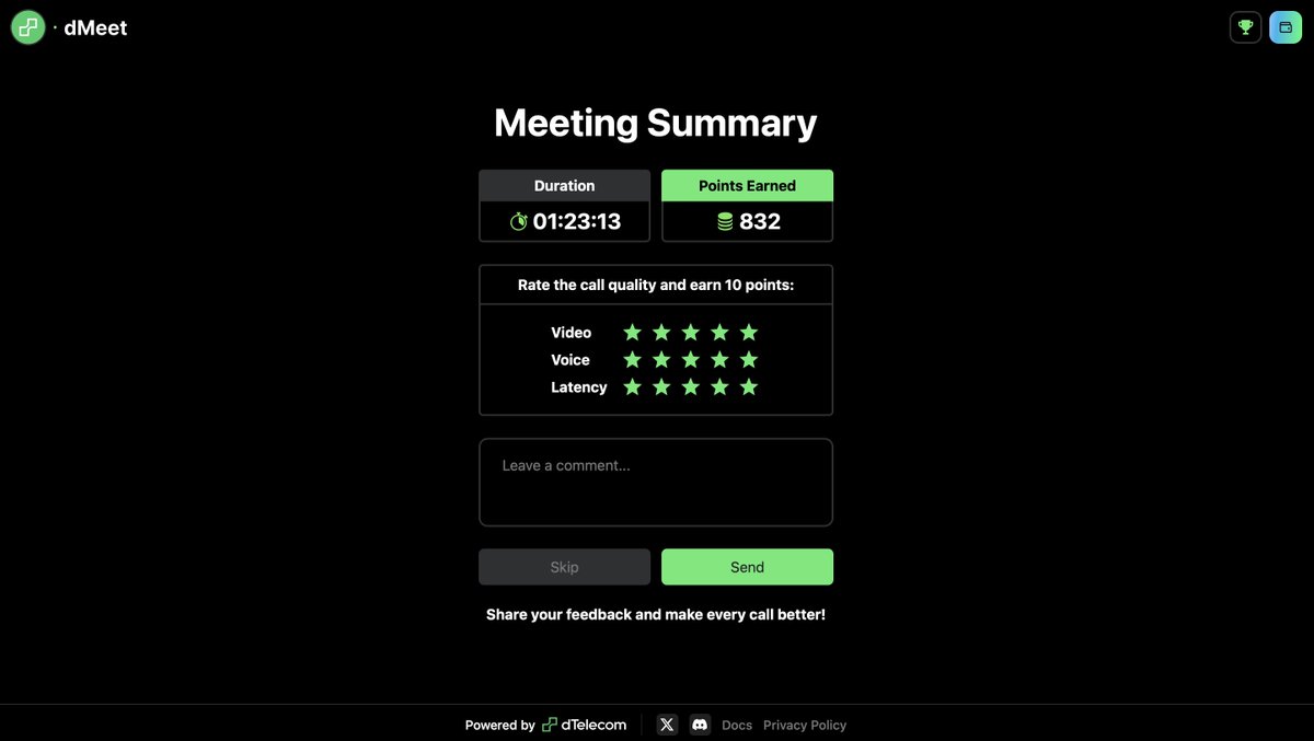 Another team call with @dTel_org via <a href="/dMeetApp/">dMeet 🤙</a>. We had a productive discussion and earned points for using dMeet.