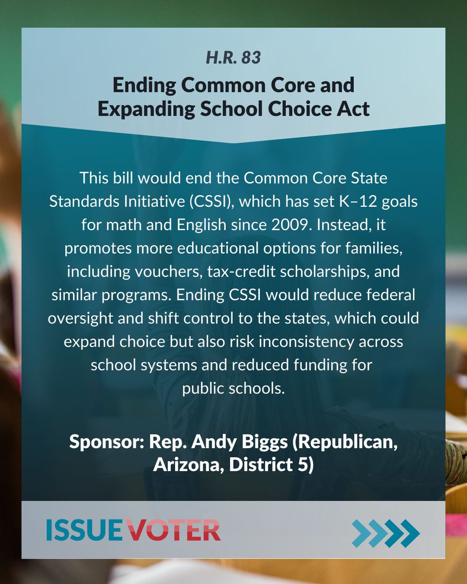 IssueVoter's tweet image. 🚨 Major changes in K–12 education may be coming to your state. 

🏫 H.R. 83 ends federal K–12 standards and expands school choice. 

Swipe &amp;amp; take action: issuevoter.org/bills/4493/hr8…📱

#SchoolChoice #CommonCore #IssueVoter @andybiggs4az @GregAbbott_TX @JamesTalarico @RepToddWarner