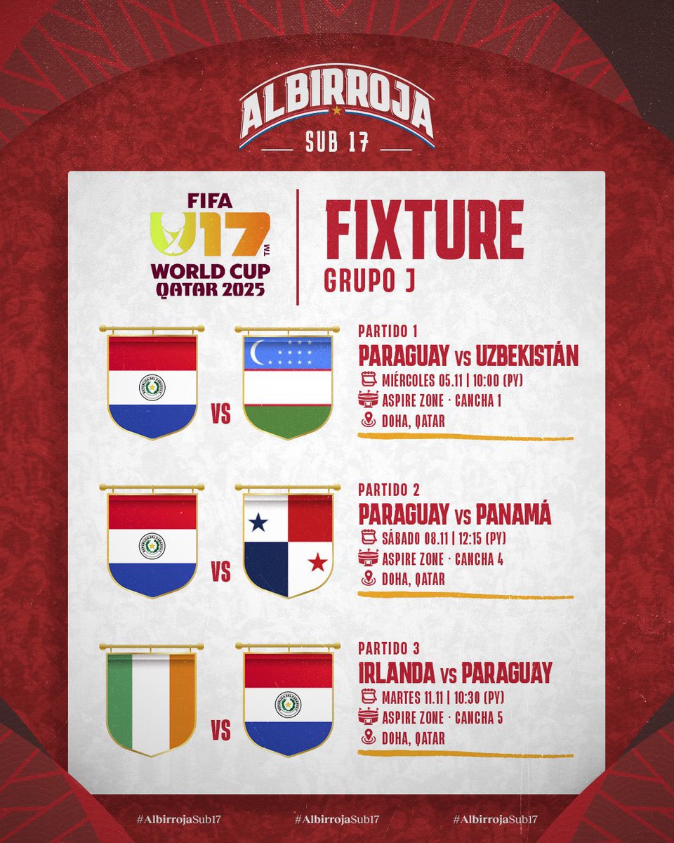 ¡Cada vez falta menos para el debut! ⏳ 

Estos son los enfrentamientos de la #AlbirrojaSub17 ⚪🔴 en la fase de grupos del Mundial Sub 17 – Catar 2025 🇶🇦

🔜 ¡Todo listo para dejarlo todo en la cancha! 💪

#VamosParaguay 🇵🇾