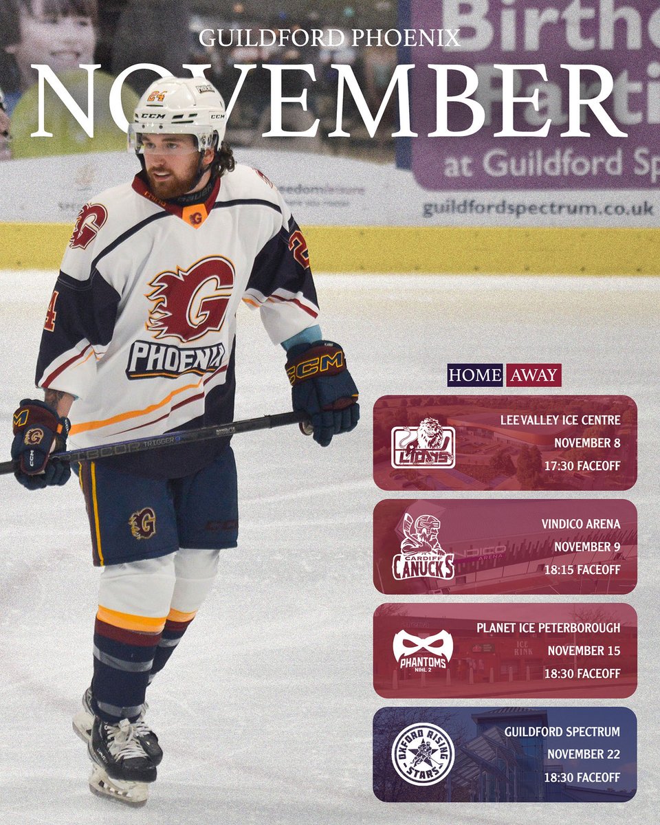 𝐍𝐎𝐕𝐄𝐌𝐁𝐄𝐑 📅 

A busy month on the road for the Phoenix 🚌 

We return to the Spectrum on the 𝟐𝟐𝐧𝐝 𝐍𝐨𝐯𝐞𝐦𝐛𝐞𝐫, as we take on the Oxford Rising Stars for a 18.30 faceoff 🏡 

#GuildfordPhoenix 🐦‍🔥