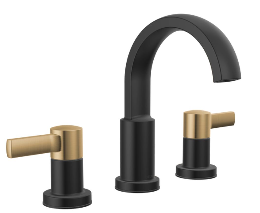 Can't decide between matte black or bronze for the bathroom faucet? Delta's Albion Collection combines two finishes that look great together! Let's go shopping. #bathroomdesign #residentialdesign #apartmentdesign #multifamily #dianamosherassociates #jacksonheightsinteriordesigner