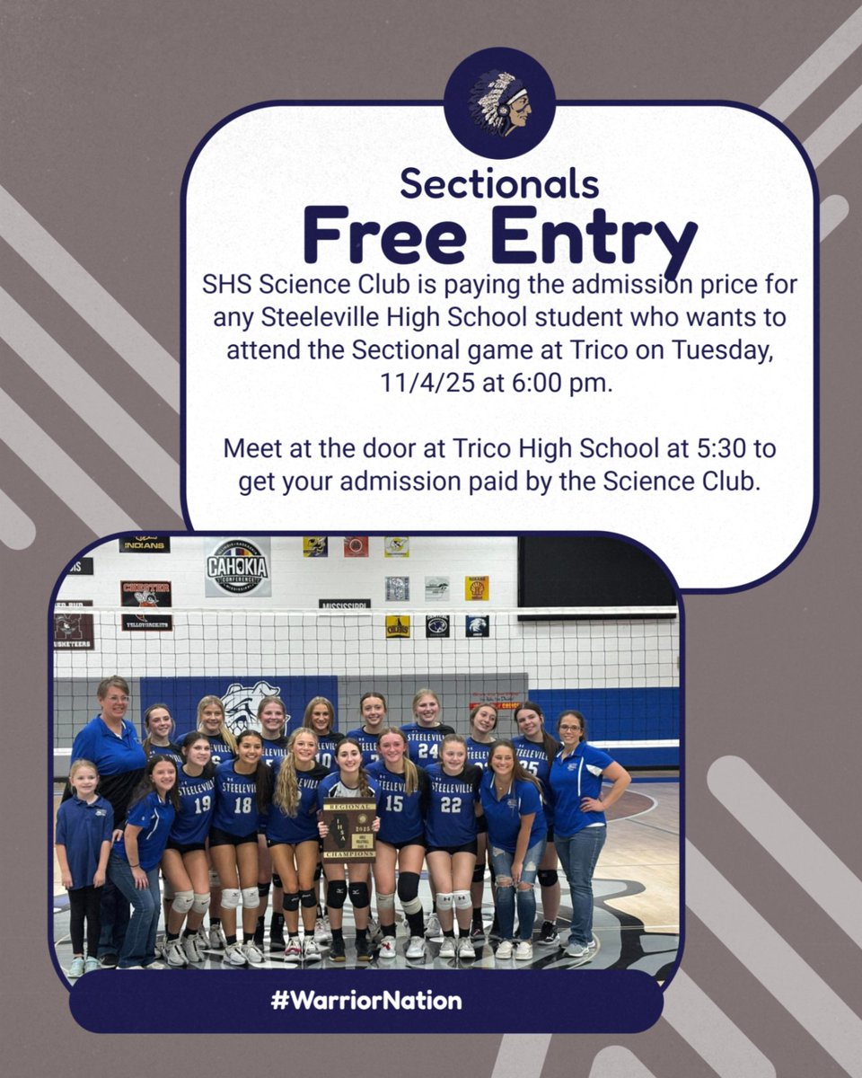 sville_warriors's tweet photo. Science Club will pay the admission of any SHS student who would like to attend the Sectional volleyball game on 11/4/25 at Trico! https://t.co/HUB78RDtih