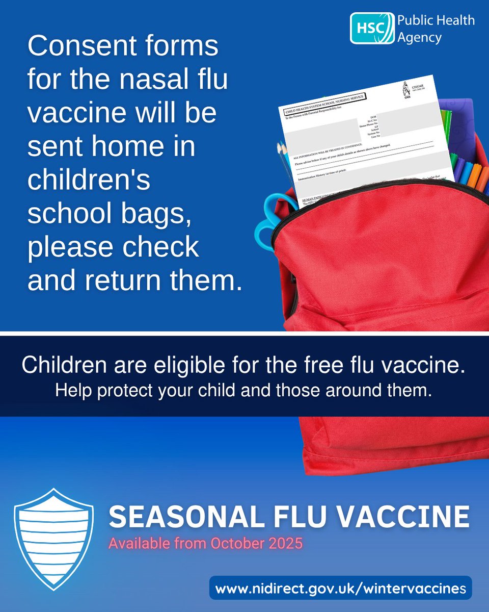 Children in P1 to Year 12 will be offered the flu vaccine in school.

📌We are urging parents/guardians not to forget to sign and send back the consent form.

nidirect.gov.uk/wintervaccines

#fluvaccine #WinterVaccines