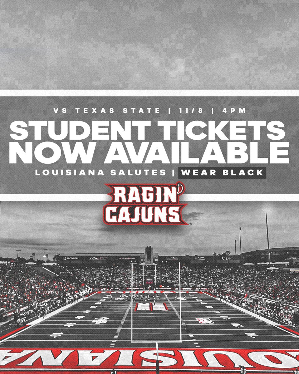 🎟️ 𝗦𝗧𝗨𝗗𝗘𝗡𝗧 𝗧𝗜𝗖𝗞𝗘𝗧𝗦

UL students can now claim tickets for this Saturday's game against Texas State! Grab yours today and 𝗪𝗘𝗔𝗥 𝗕𝗟𝗔𝗖𝗞 ⚫️🤟

🔗ragncaj.co/FBSTIX