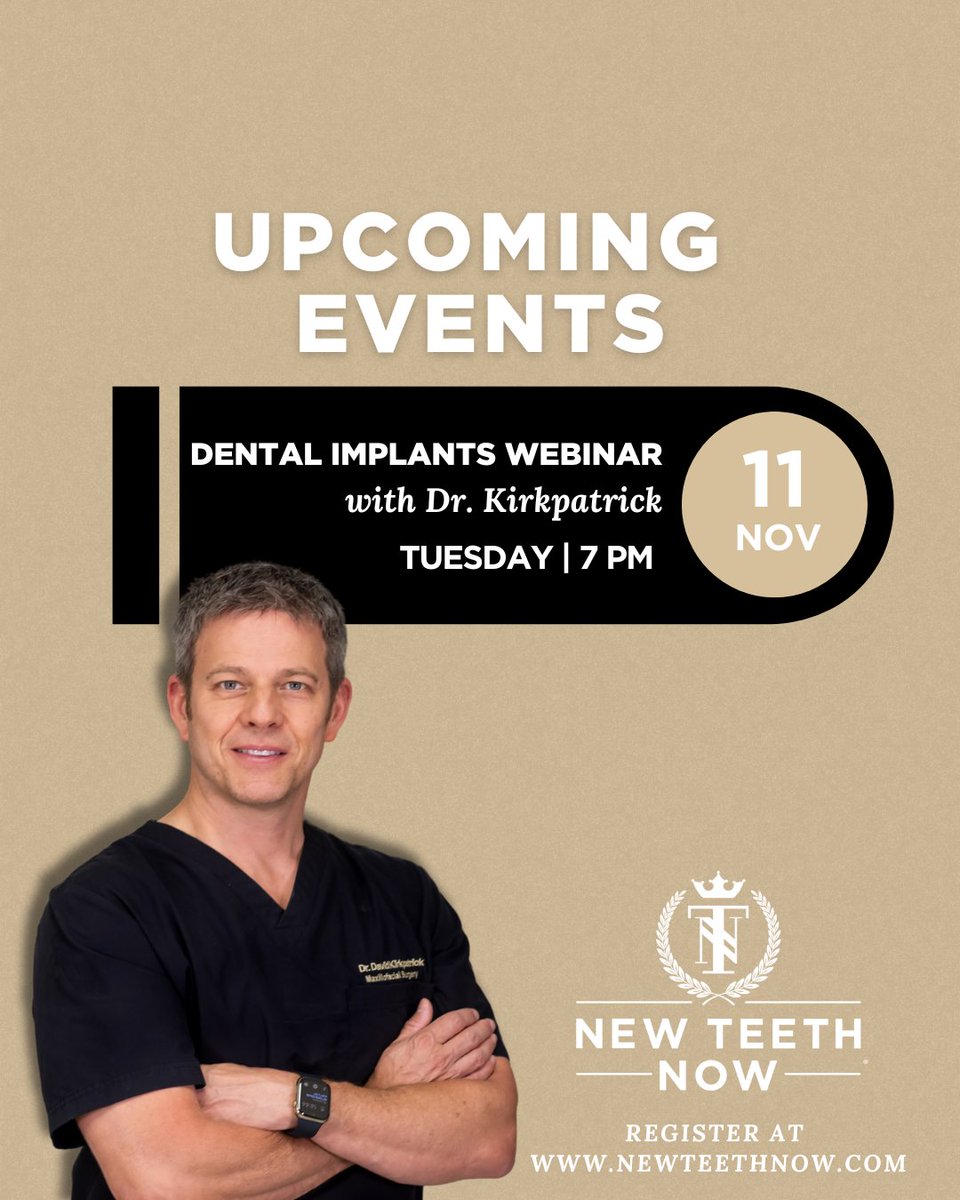 NewTeethNow's tweet photo. Have questions about dental implants? Join Dr. Kirkpatrick for a free live webinar on Tuesday, November 11 at 7 PM &amp;  learn how you can transform your smile in just one day.

📲 Register now! https://t.co/nZ5GcvBEpM https://t.co/IGLUYyWs2c