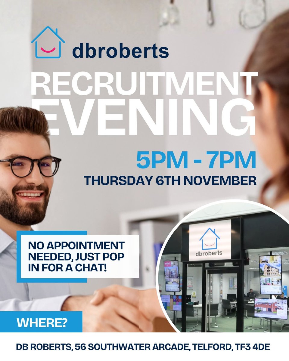 TelfordCentre's tweet image. DB Roberts Estate Agents are recruiting! Join them this Thursday (6th) November, between 5pm and 7pm, if you are interested in a career in estate agency, sales and lettings.  Pop by and have a chat with a member of the team!
#dbroberts #recruitment #telfordcentre