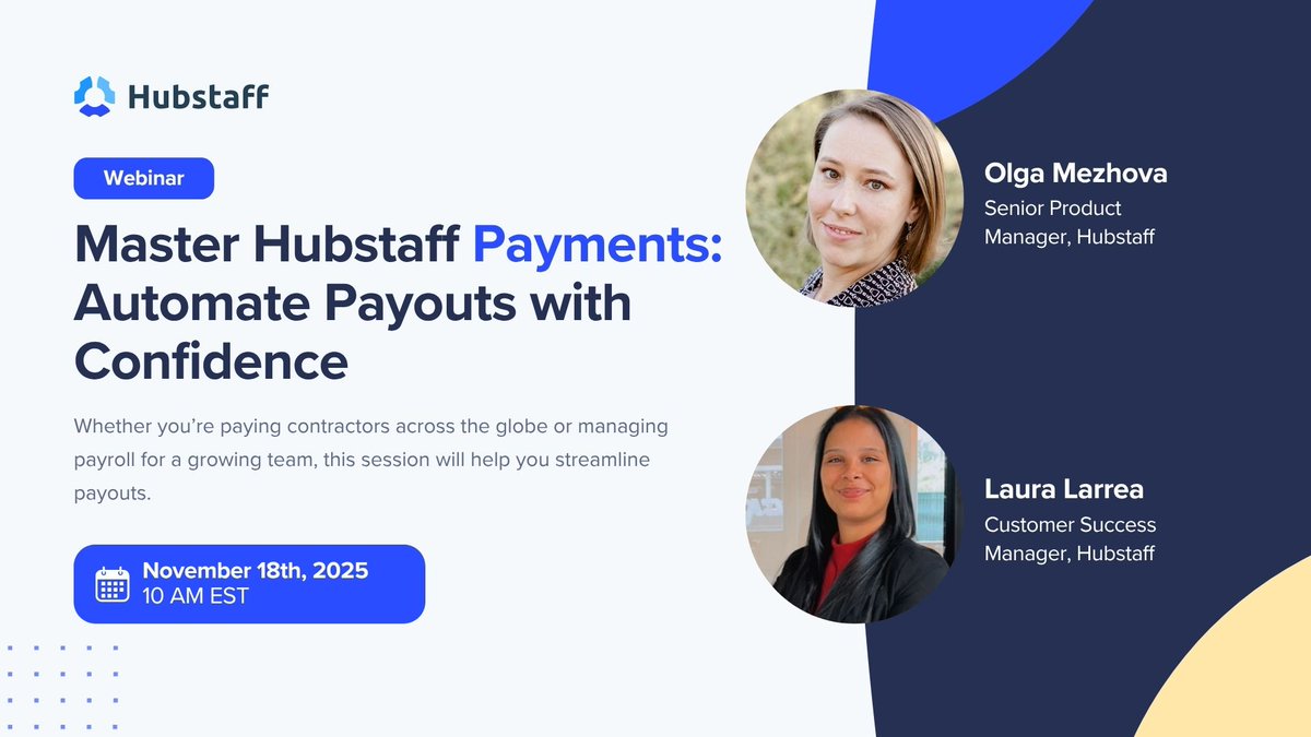 Join us for “Master Hubstaff Payments: Automate Payouts with Confidence” and learn how to automate payments for your global team. 
 
📅 November 18, 2025 ⏰ 10 AM EST 📍 Live on Zoom

Register here: hubstaff.com/hubstaff-payme…

#webinar #timetracking #payroll