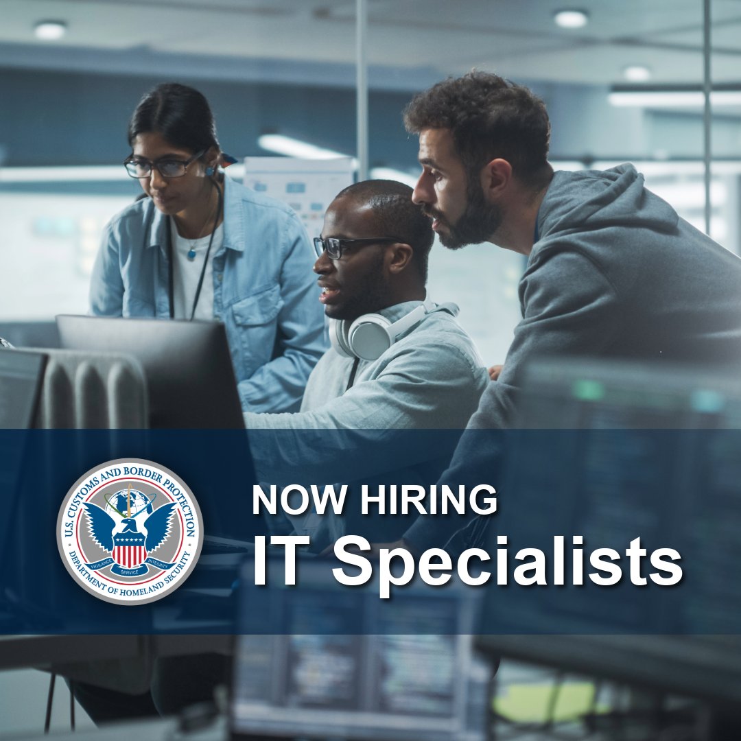 CBPJobs's tweet photo. .@CBP is #NowHiring IT Specialists! Join as GS-11 or GS-13 to: ✅ Define requirements
✅ Implement solutions ✅ Manage IT projects. Open to feds &amp; special hiring authorities. Check eligibility &amp; apply!
GS-11: https://t.co/0TgLSoLYva
GS-13: https://t.co/AqoVMM2fTf

#CBPCareers https://t.co/MjgeAXLe3l