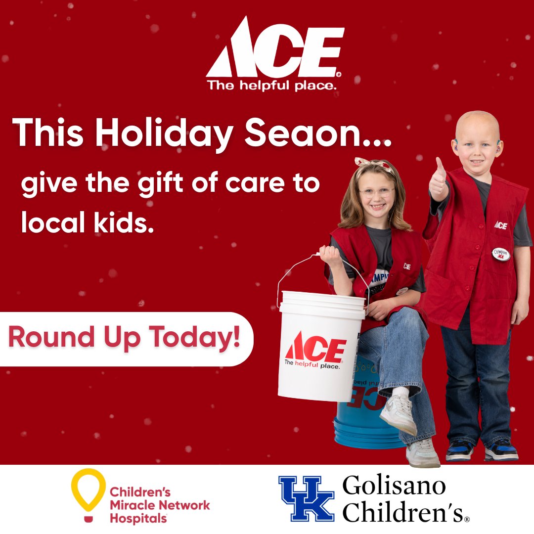This holiday season, your spare change can make a big difference! ❤️ Round up at participating @acehardware locations to support <a href="/KCHKids/">Golisano Children’s at UK</a>. Every cent stays local through @CMNHospitals! #AceRoundUpForKids #ChangeKidsHealth #MyLocalAce