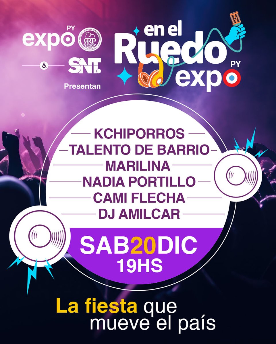 🎤 ¡ARTISTAS CONFIRMADOS!

Los artistas que suenan todo el año, juntos para cerrar el 2025 a lo grande🎶 Kchiporros, Talento de Barrio, Marilina, Nadia Portillo, Cami Flecha y DJ Amilcar

En el Ruedo – La fiesta que mueve el país 🔥
🎟️ Próximamente info sobre las entradas