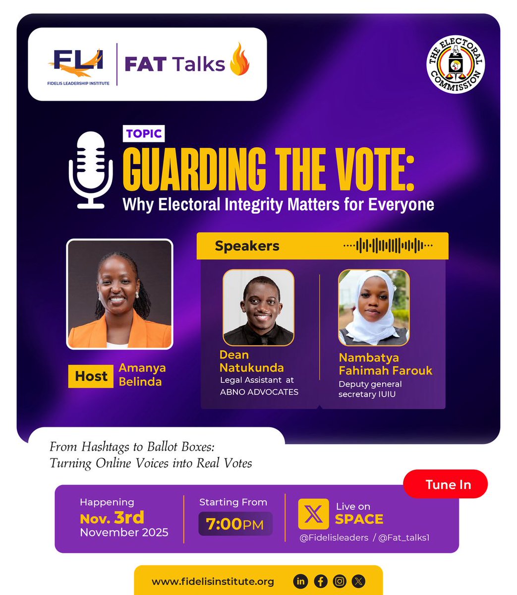 DeanNatukunda's tweet image. I will be speaking this evening at the FAT Talks: Guarding the Vote – Why Electoral Integrity Matters for Everyone

🎧 Join the X Space here 👇
🔗 x.com/i/spaces/1BdGY…

#FATTalks