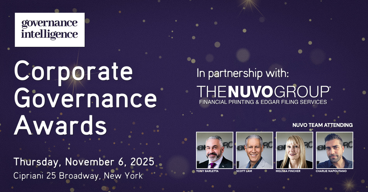 The Nuvo Group is a proud sponsor of <a href="/GovernanceIntel/">Governance Intelligence</a>'s #CorporateGovernanceAwards being held here in NYC on Thursday, November 4th. Our team will be in attendance supporting all the nominees &amp; winners.

Good luck to all! 🥂

#corpgov #governance