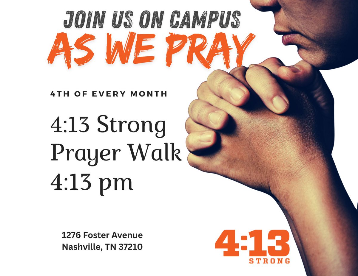 413Strong's tweet image. Join us tomorrow, Nov.3 @ 4:13pm to Pray On The 4's, our monthly prayer walk on the 4th of each month. #pray #walk #prayer #413Strong