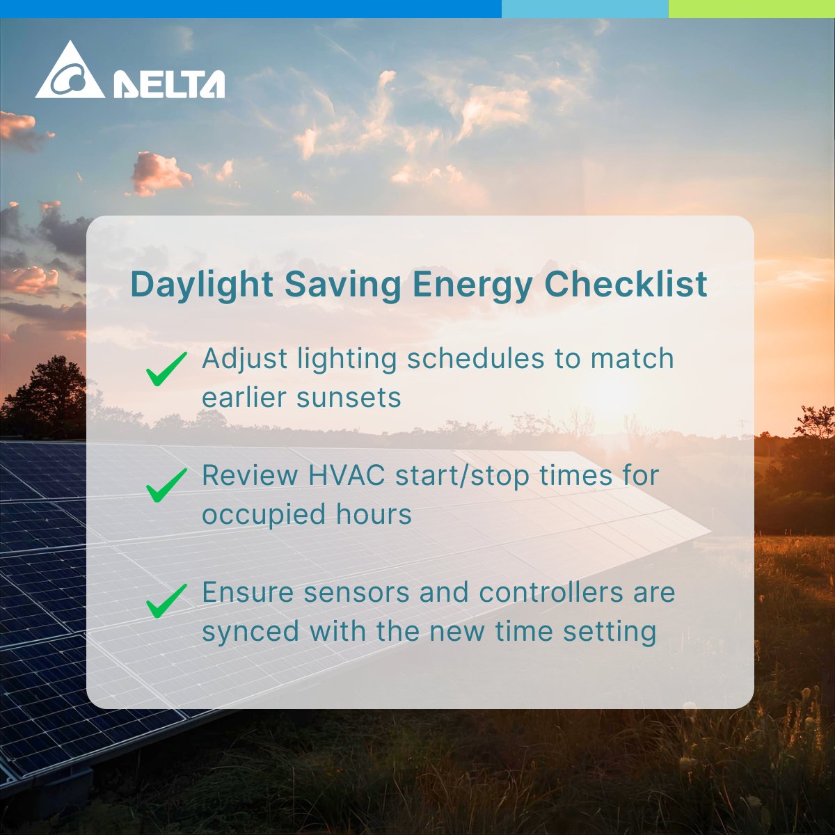 Delta_Americas's tweet image. ⏰ Daylight Saving Time =Time to Save Energy
 
💡 Here’s a quick building checklist for smarter energy use and savings.

#DaylightSaving #EnergyEfficiency #BuildingAutomation #SmartBuildings #DeltaElectronics