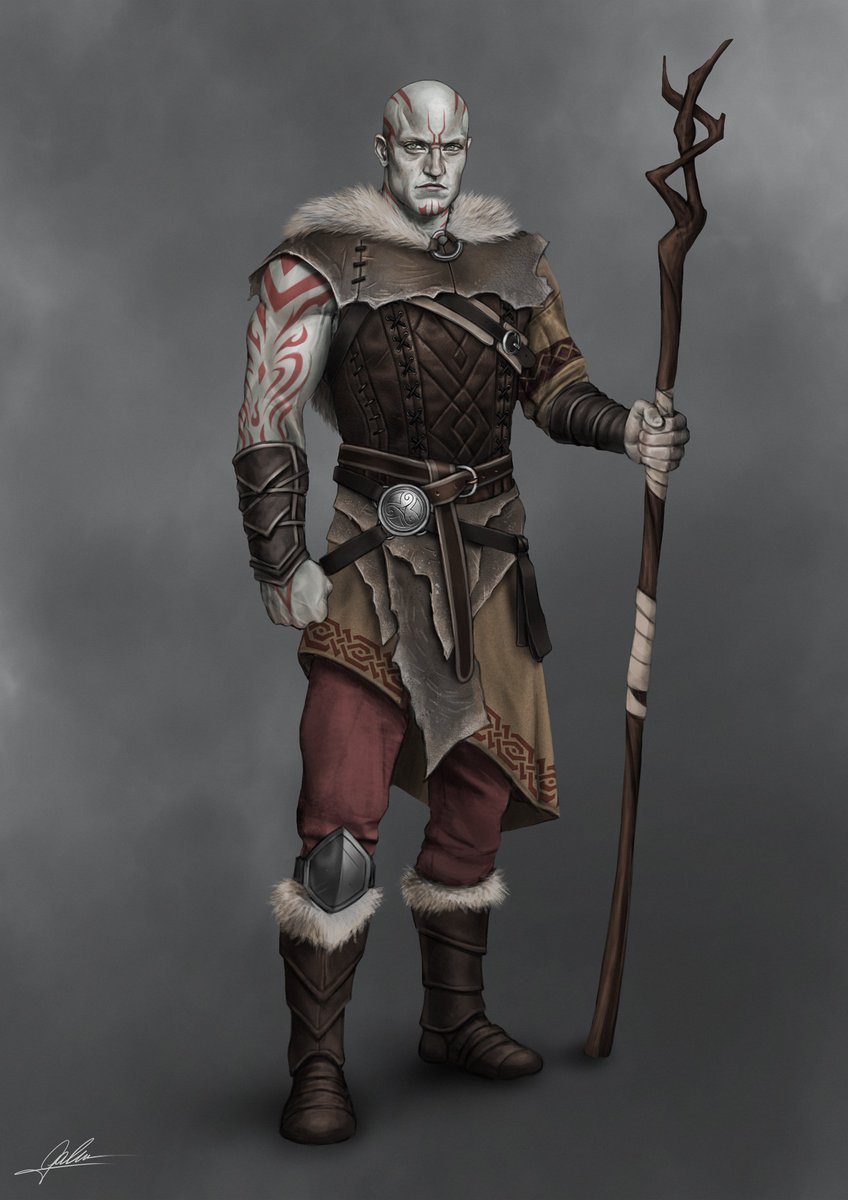 This  is Torak Plainstrider, a druid from the Goliath race and a decendant  from a fire giant. He's a large nomadic character that wear Hide armor  made out of animal pelts and hides, and has the red tribal tattoos that  pay homage to fire giants.
#Commission #art #noAI