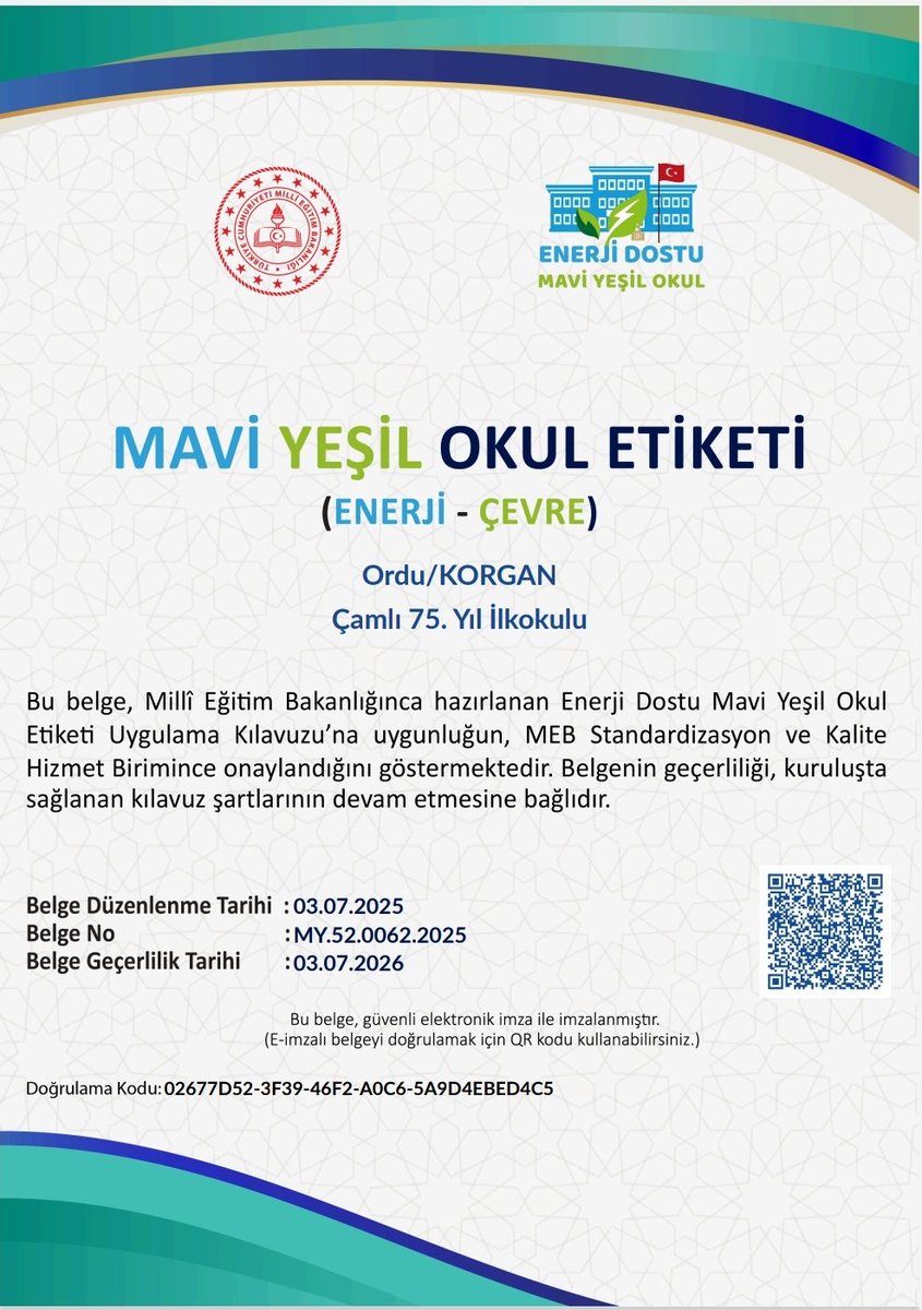 camlikorgan's tweet photo. 💙🌿 “Mavi Yeşil Okul” etiketiyle çevreye duyarlı bir okul olmanın gururunu yaşıyoruz!  
 
Birlikte hem maviyi hem yeşili koruyoruz! 💧🌱 

@Ordu_MEM @korganmem

#MaviYeşilOkul
#ÇevreDostuOkul
#SıfırAtık
#DoğaSevgisi https://t.co/elXjhUWY2F