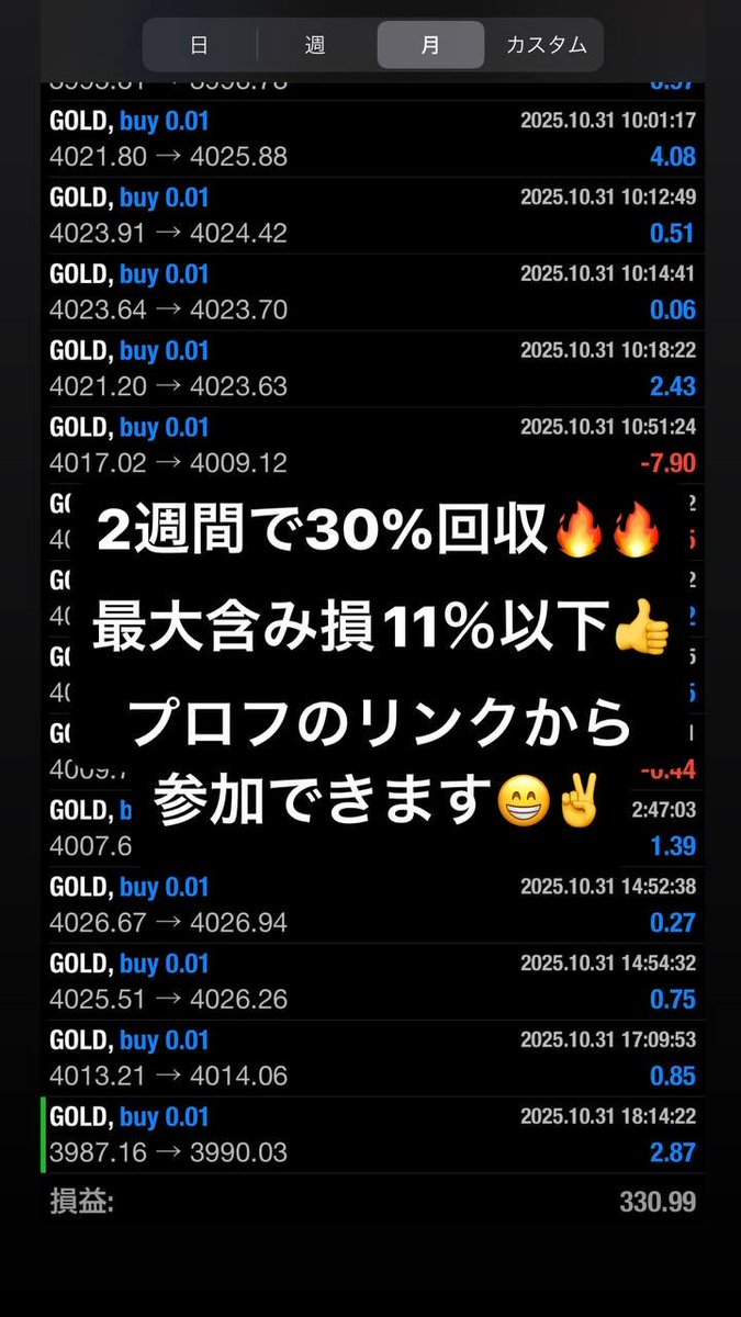 グループではXMストラテジーを展開中！！
わずか2週間で利益率30%、最大含み損は11%ととても優秀なストラテジーです😊

100ドルから参加できます！
興味ある方はリンクからオープンチャットに参加してください✌️

tiny.cc/zi2d001