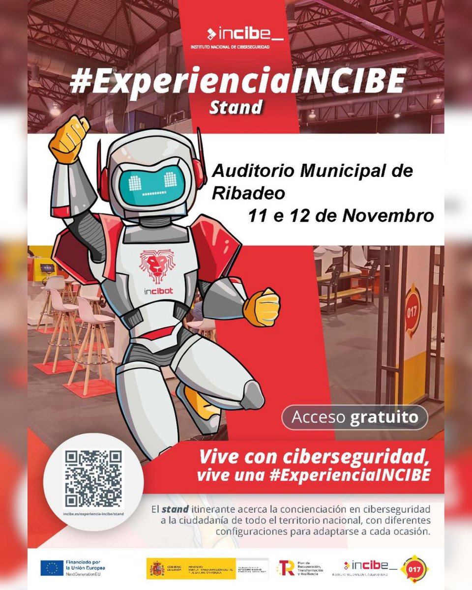 #ExperienciaINCIBE chega a Ribadeo os días 11 e 12 de novembro o Auditorio Municipal.
O Instituto Nacional de Ciberseguridade (INCIBE) ofrecerá actividades e boas prácticas dixitais para fomentar a cultura da ciberseguridade entre cidadáns e empresas.
👉 incibe.es/experiencia-in…