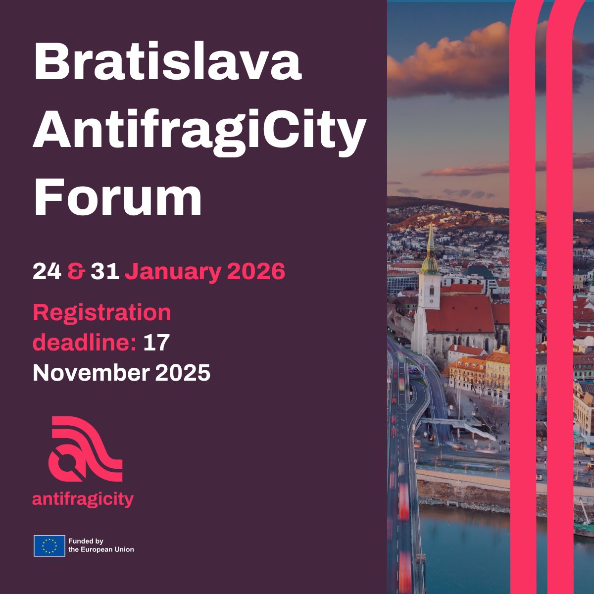 AntifragiCity's tweet image. 🇸🇰 Want to help shape Bratislava’s #UrbanMobility? 
Join our #AntifragiCityForum — a unique civic dialogue on the city’s mobility today and in future crises.

📅 24 &amp;amp; 31 Jan 2026
📝 𝗥𝗲𝗴𝗶𝘀𝘁𝗿𝗮𝘁𝗶𝗼𝗻 𝗱𝗲𝗮𝗱𝗹𝗶𝗻𝗲: 𝟭𝟳 𝗡𝗼𝘃 𝟮𝟬𝟮𝟱

antifragicity.eu/citizens-forum…