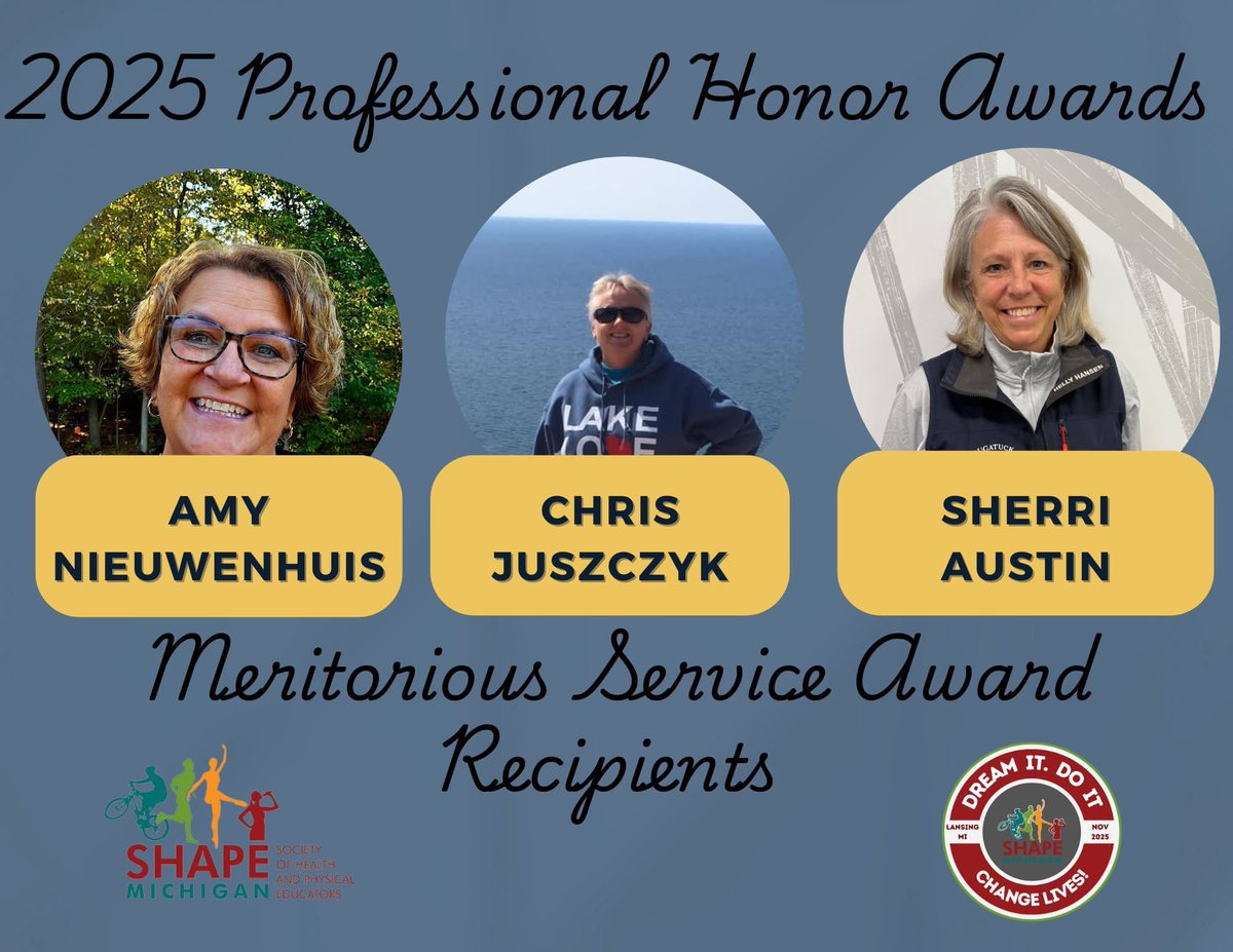 MAHPERDMichigan's tweet photo. Congratulations to the 2025 SHAPE Michigan Honor Award Recipients! These individuals have gone 'above &amp; beyond' for the Health and Physical Education profession!   Thank you to Amy, Chris, and Sherri! https://t.co/nHF61Jt4jj