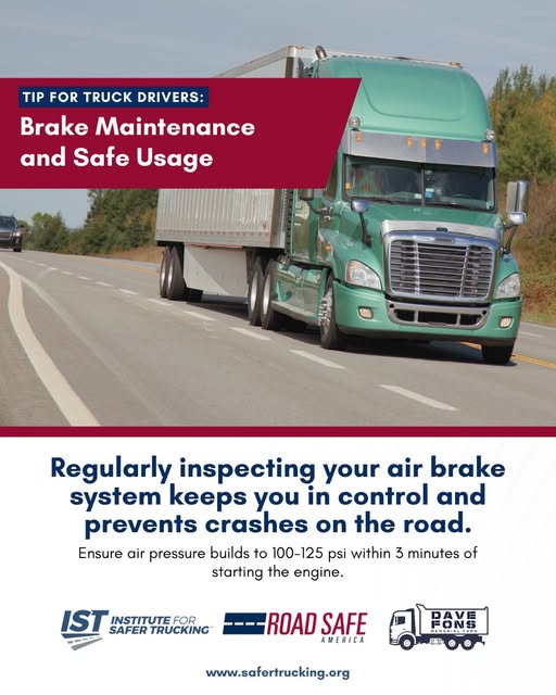 Your brakes are your lifeline on the road.
Always inspect your air brake system and make sure air pressure reaches 100–125 psi within 3 minutes of starting the engine. Proper maintenance and safe usage help you stay in control and protect everyone on the road.
 #TruckingTips