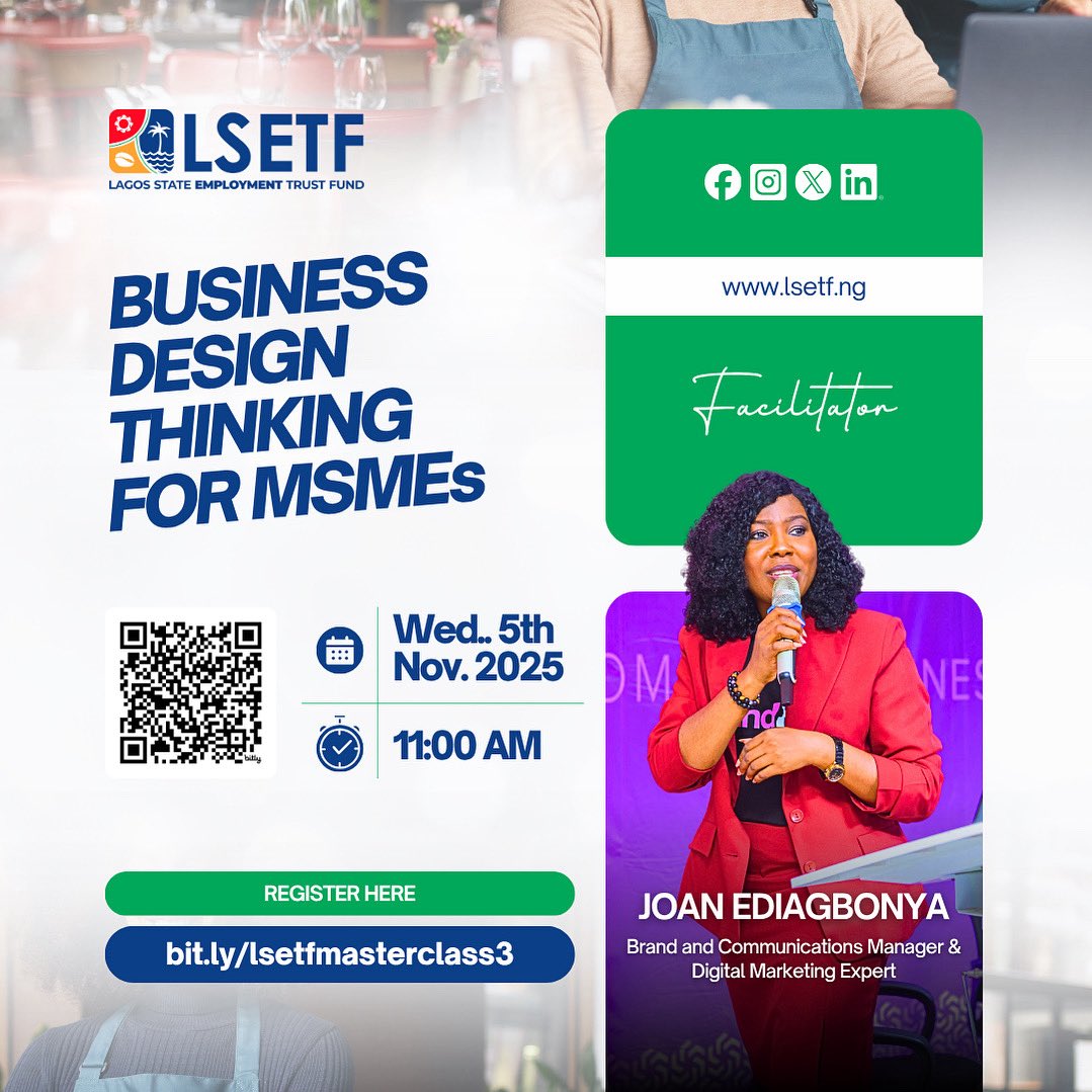 LSETF's tweet photo. Every thriving business starts with understanding customers. 

Join us Wed, Nov 5 | 11 AM for Business Design Thinking for MSMEs with Joan Ediagbonya.

Learn to innovate smarter &amp; scale sustainably.
Register: https://t.co/V1UrCvb5YC

#LSETF #MSME #Businessinnovation #business https://t.co/dkGVtFZSIE