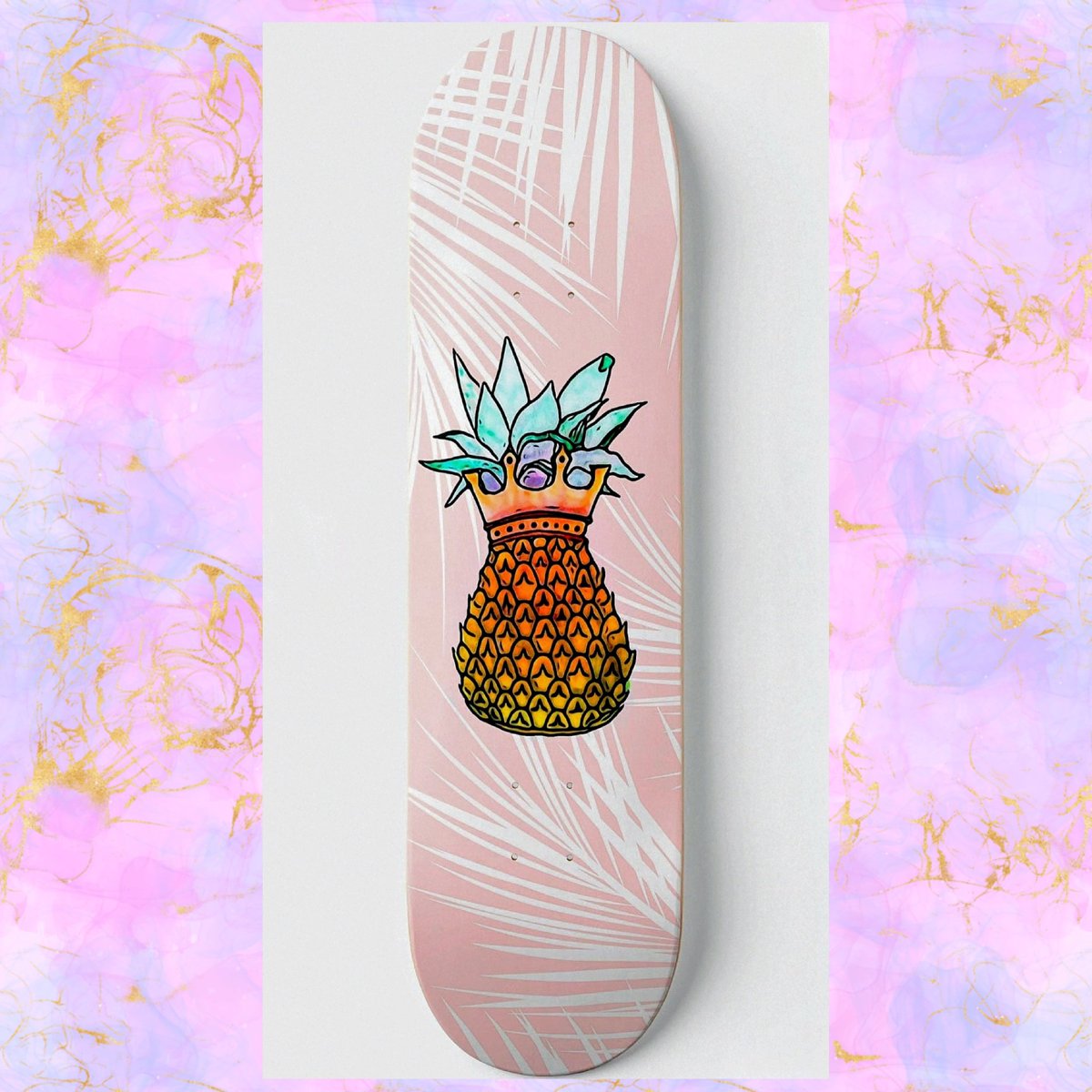 ArtConfusing's tweet image. .........ALWAYS CONFUSED......... 
🛹 Streetwear &amp;amp; Skateboards🛹 
The Always Confused &quot;Royal Pineapple&quot; 8&quot; Skateboard Deck W/Pink Leaves Background. 
#Always #Confused #Streetwear #Skateboards #Skateboard #Pineapple #Royalty #NYC #Skate #Skaters #Skatelife #Originalart #Designs