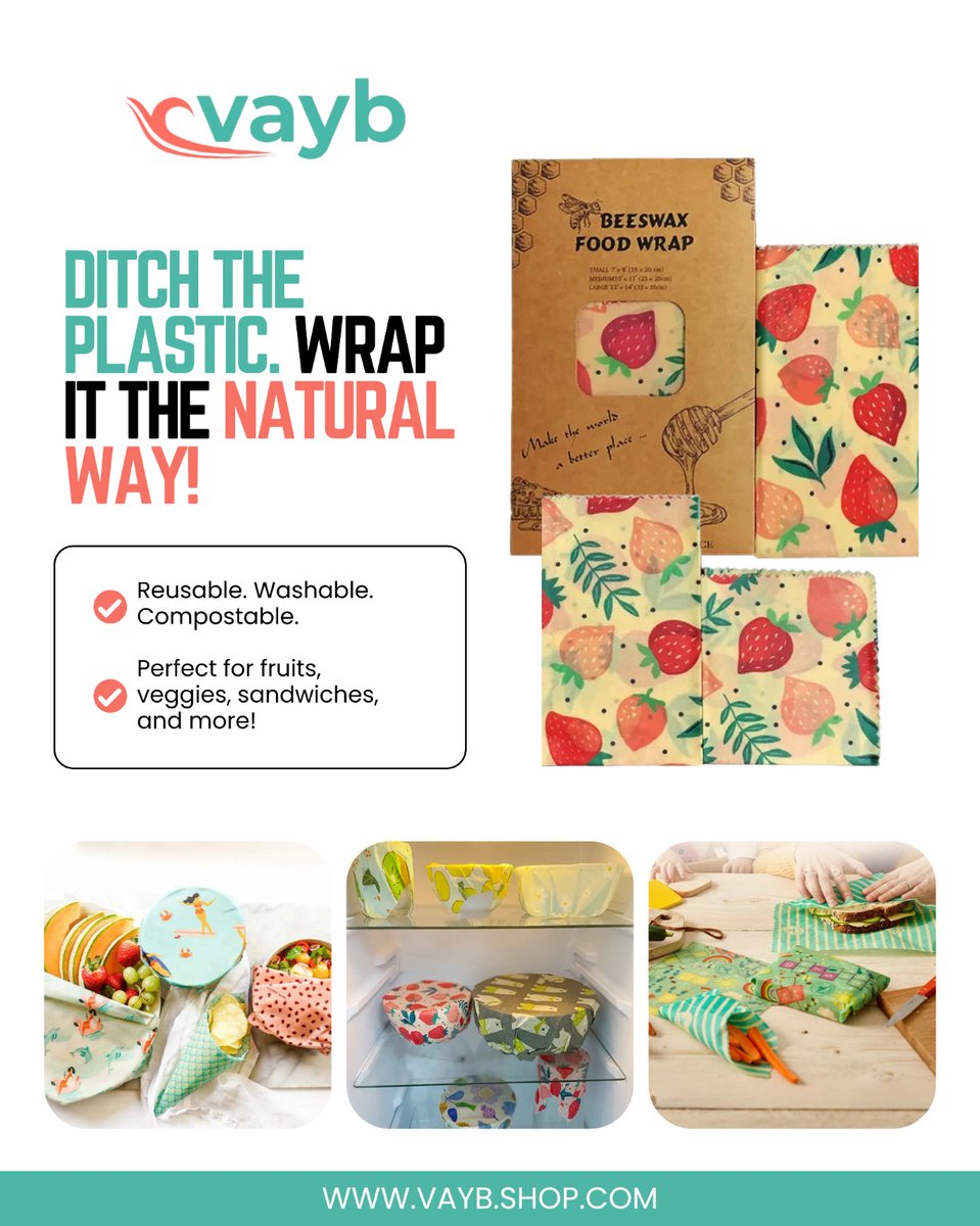 VaybWellness's tweet photo. Say goodbye to single-use plastic and hello to Vayb Organic Beeswax Food Wraps 🍎🌍

Made with natural beeswax, organic cotton, jojoba oil.

💚 Sustainable storage never looked so good.
https://t.co/go379zBrys
.
#BeeswaxWraps #EcoKitchen #ZeroWasteLiving #SustainableStorage https://t.co/A20LW5WOY7