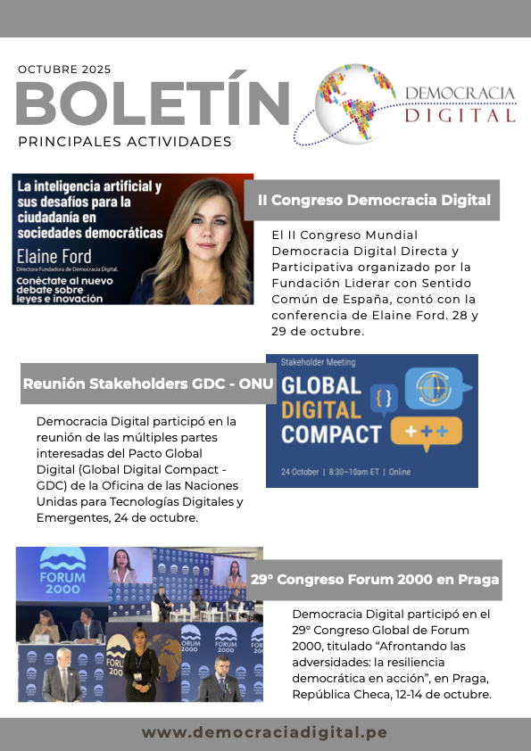 📌OCTUBRE 2025 | Te mostramos nuestras principales actividades del mes. Hemos preparado este Boletín con algunos highlights.
✅Recuerda que las notas completas de dichas actividades y otras más, puedes apreciarlas siempre en el Blog➡️democraciadigital.pe/blogs
#DemocraciaDigital