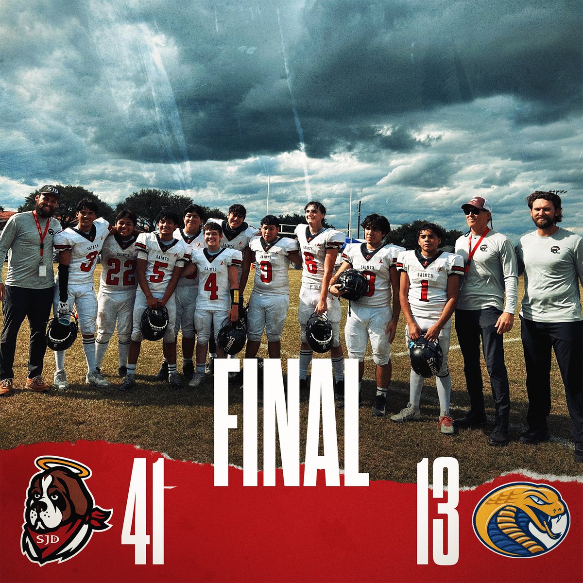 🙌 Big shoutout to the Saints Football Team 🏈 for finishing their regular season strong with a 41–13 victory over the Victoria Home School Cobras on Saturday! 💪 
#HalosUp #SaintStrong #SaintsPride #SaintsFootball #SaintsAthletics #BeingFamily