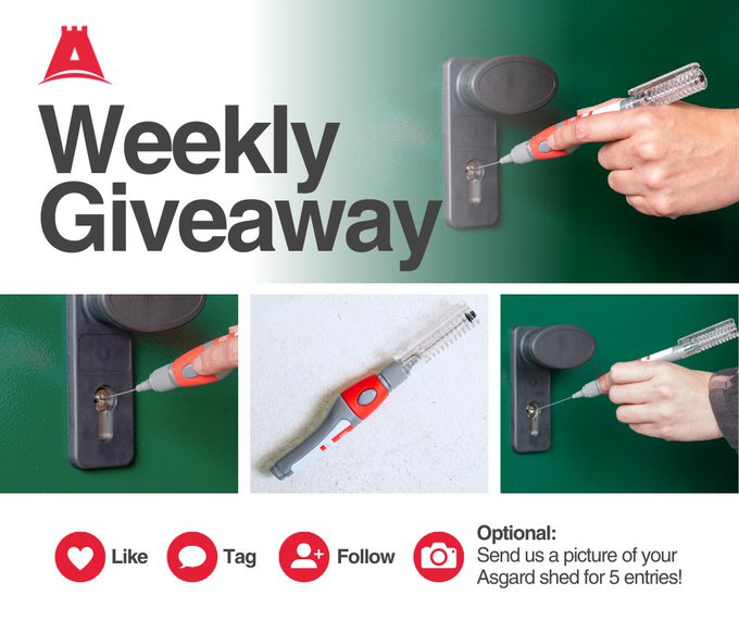 Graphic design with Asgard logo at top left on green background Text reads Weekly Giveaway Images show hands using pink-handled Lock Service Pen tool to clean and lubricate a padlock mechanism close-up Additional photos depict the tool components like brush and nozzle Bottom text instructs to like tag follow and optional send photo of Asgard shed for entries