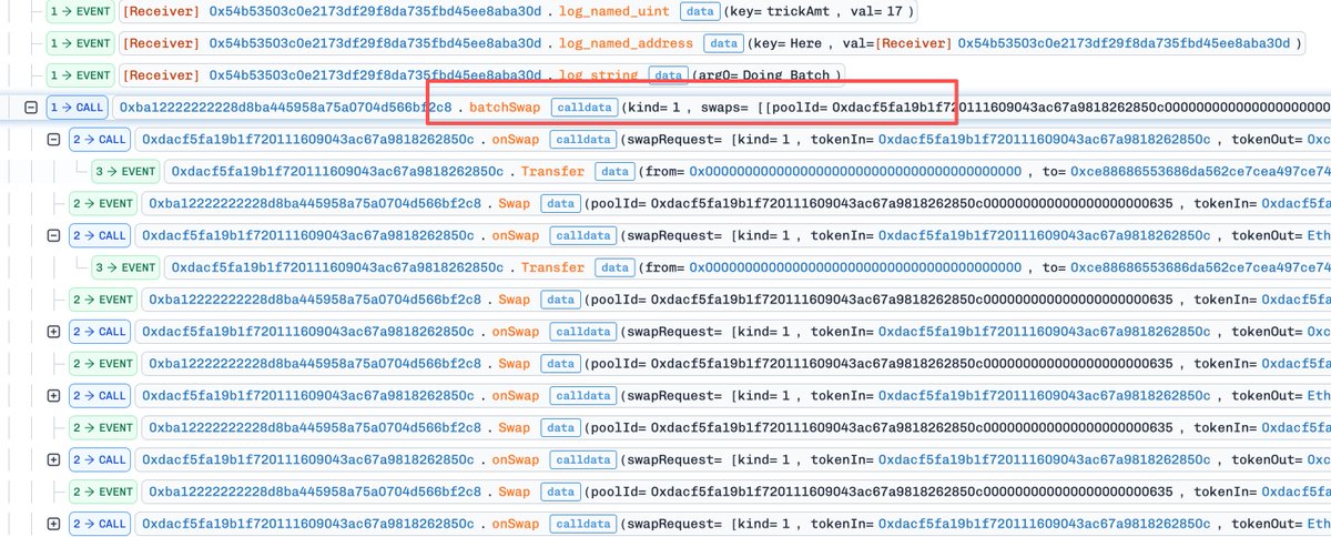 opendao_dev's tweet photo. The attack entry is in batchSwap(...)

I think that during a large number of swaps, allowing the attacker to generate additional delta profits. https://t.co/Un8Pa7hwqL