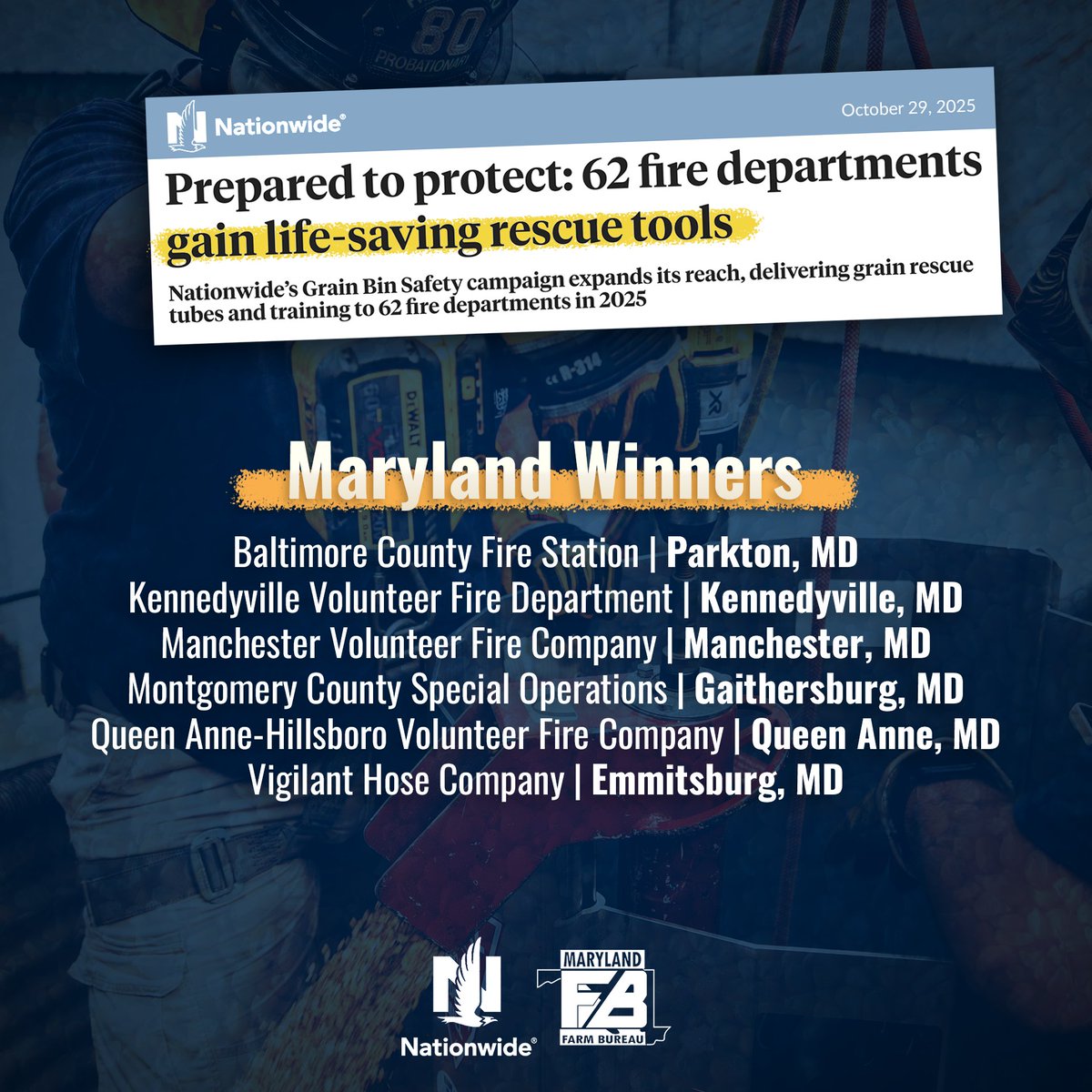 Grain bins play an essential role in agriculture, but they can also present serious entrapment risks to farmers.

Thanks to our friends at <a href="/Nationwide/">Nationwide</a>, six Maryland fire departments have been awarded life-saving grain bin rescue equipment. We’re proud to support this program!