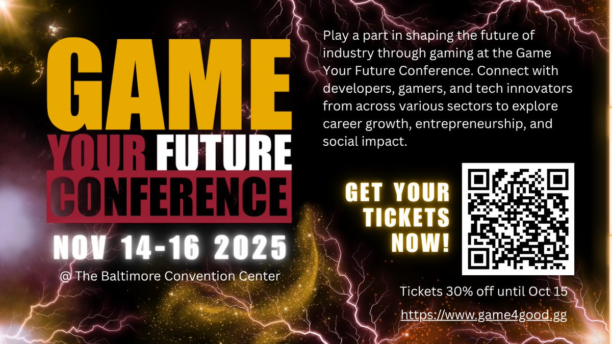 The Game Your Future Conference (Nov 14-16 @ Baltimore Convention Center) will hold an indie studio pitch competition with a $500 prize. Submissions open until Nov 13: docs.google.com/forms/d/e/1FAI…
Use code IMWITHTHESPEAKER for 65% your conference pass.
#gamedev #indiedev