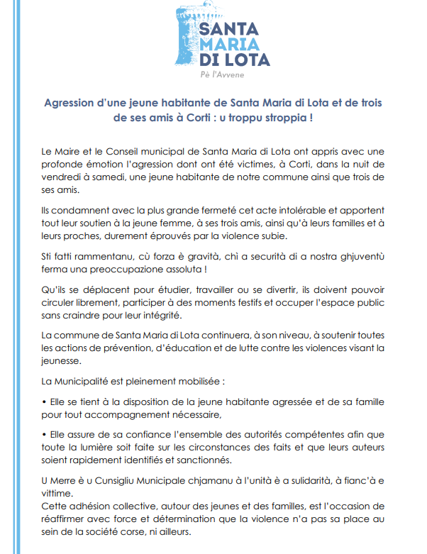 ⚠️ Agression d’une jeune habitante de Santa Maria di Lota et de trois de ses amis à Corti : u troppu stroppia ! ⚠️