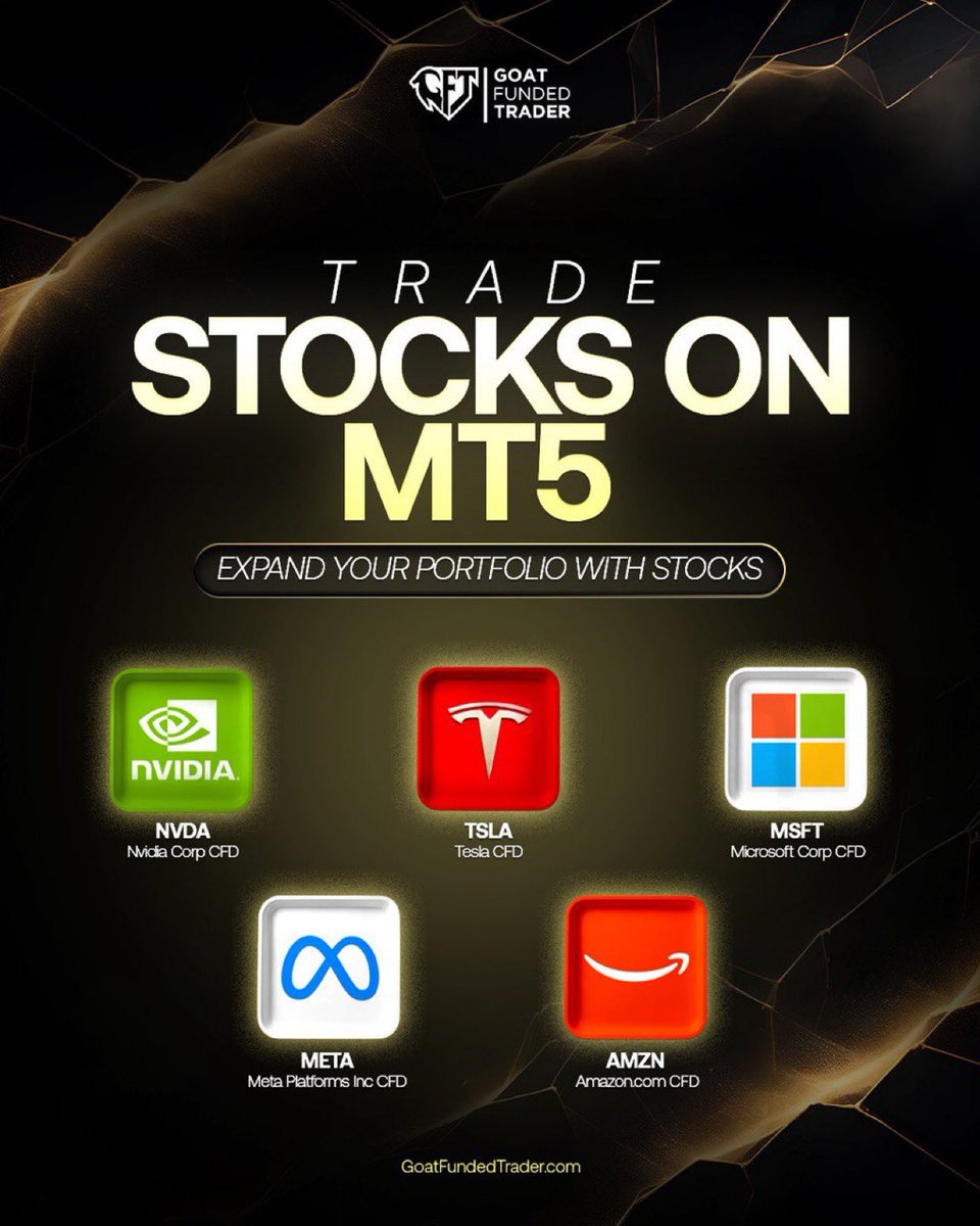 YOU CAN NOW TRADE STOCKS ON MT5 With <a href="/goat_funded/">Goat Funded Trader</a> 

You can now trade CFDs on major stocks directly on MetaTrader 5, all available with Goat Funded Trader.

Trade major Stocks like👇
⏩️Microsoft (MSFT)
⏩️Tesla (TSLA)
⏩️NVIDIA (NVDA)
⏩️Meta (META)
⏩️Amazon (AMZN)

Link: