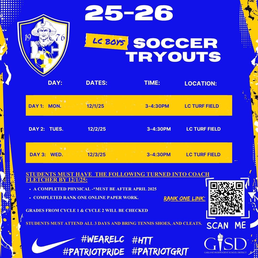 LsoccerC's tweet photo. One month from today.⚽️

Try out info below ⬇️:
#WeAreLC #HTT #PatriotPride #PatriotGrit https://t.co/2q4lfy7SIM