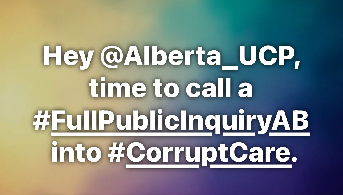 Day 36:

Hey <a href="/Alberta_UCP/">United Conservative Party of Alberta</a>, time to call a #FullPublicInquiryAB 
 into #CorruptCare. 

Tweeting EVERY SINGLE DAY until they call for a full public inquiry with #SubpoenaPower! #Alberta #UCP #RedforEd