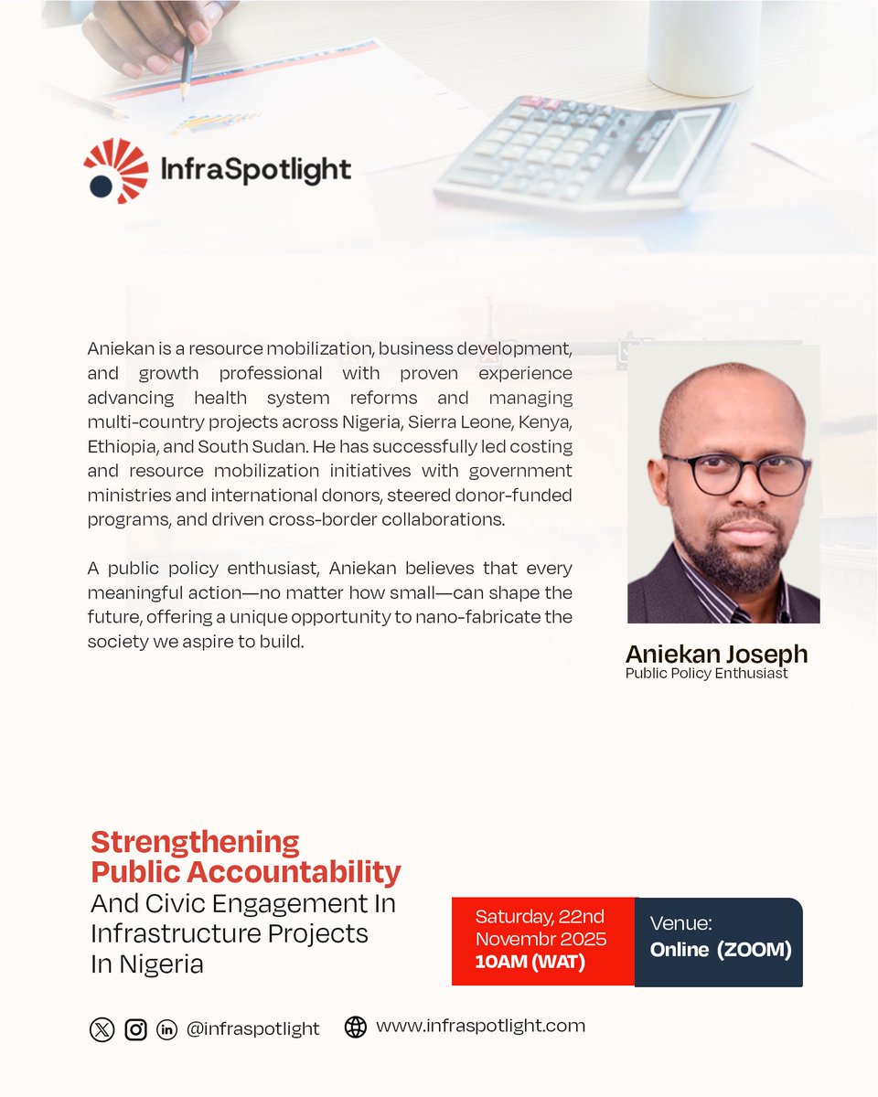 Our workshop opens with a thought-provoking address by Aniekan Joseph (<a href="/kannyjoe/">Aniekan A. Joseph</a>), a public policy enthusiast.

He will be speaking on “Building Strong and Effective Institutions for Infrastructure Delivery in Nigeria.”

Register now ➡️ forms.gle/uNjLPj3Foe1qcg…