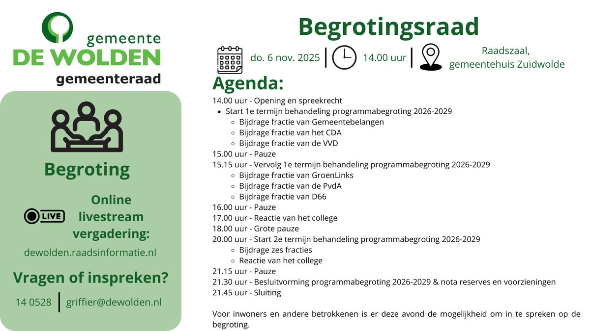 Donderdag 6 november bespreekt de gemeenteraad van #DeWolden de programmabegroting 2026-2029.
⏰ Start: 14.00 uur (let op: afwijkende tijd)
📋 Agenda ⬇️
💬 Inspreken? Of live meekijken? Kijk op: dewolden.raadsinformatie.nl/vergadering/12… 
#gemeenteraad #programmabegroting