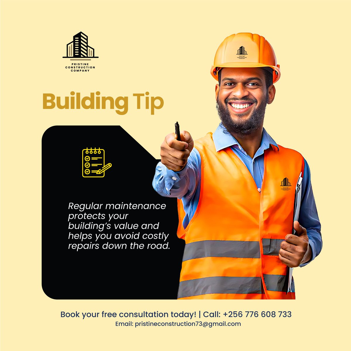 PristineCo_'s tweet image. Regular maintenance isn’t an expense, it’s an investment!
Protect your building’s value, stay safe, &amp;amp; avoid costly repairs. 💡

Talk to us &amp;amp; let’s help you protect what you built. 
📞 +256 776 608 733 | 📧pristineconstruction73@gmail.com
#BuildingTips #ConstructionUG