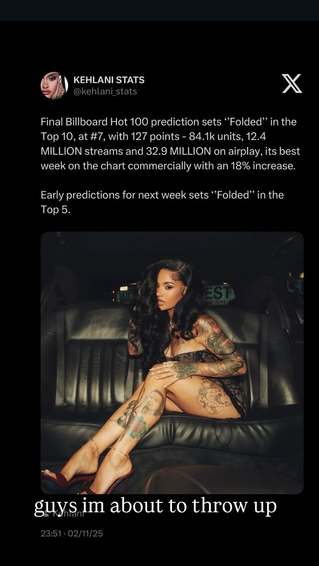 Kehlani reage à nova previsão que "Folded" pode atingir o top 5 da Billboard Hot 100 nas próximas semanas:

"galera eu acho que vou vomitar"